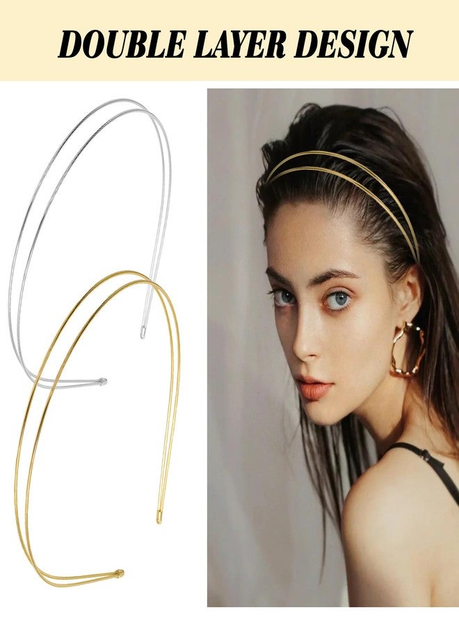 panthra Gold Headbands for Women 4 Pcs Metal Headband Gold and Silver Multi Layers Hairbands for Girls Bridal Hairstyle Accessories (Multi-Layer, Double Layer) - Image 4